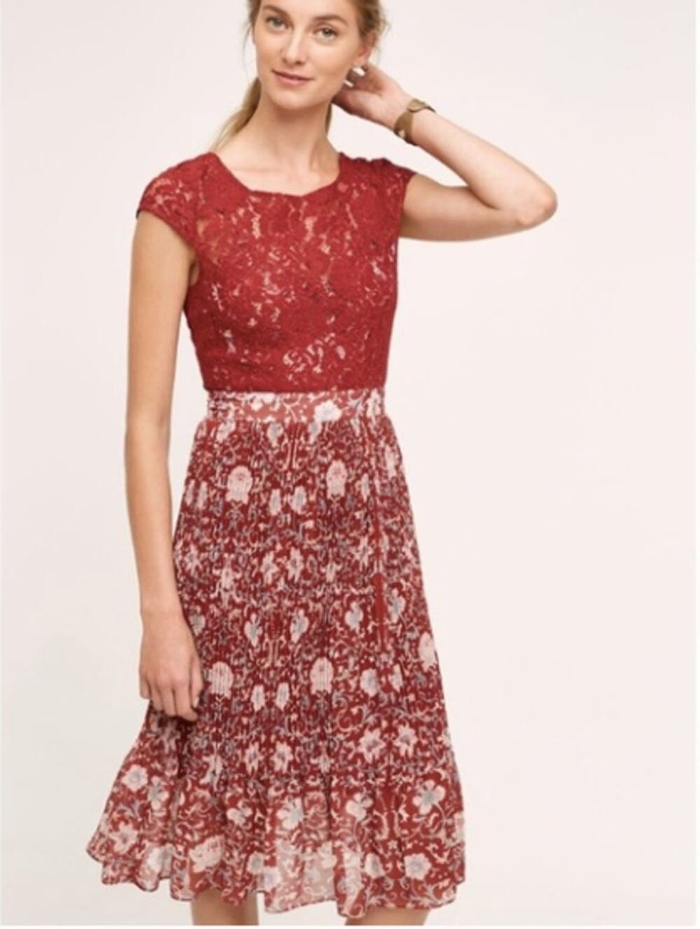 ANTHROPOLOGIE NWT Plenty by Tracy Reese Arcadia Red Pleated Lace Dress // 12